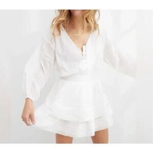 Aerie White Rock n Ruffle Mini Dress Tiered Lace Embroidered Long Sleeve Size L